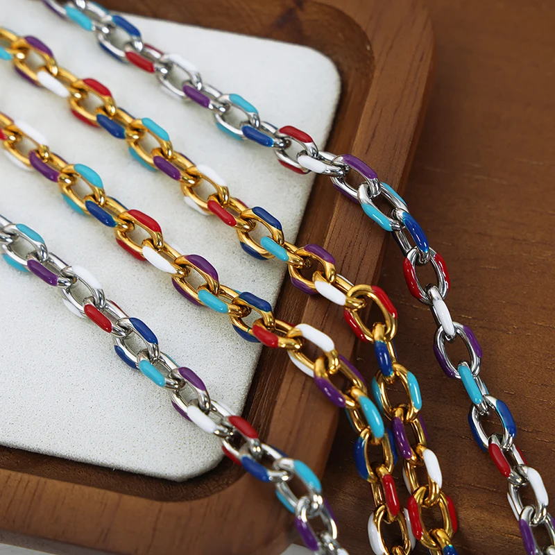 Liora Heavy 316L Stainless Steel O Chain Necklace Bracelet For Women Men Colorful Enamel Link Charm Waterproof Jewelry Sets