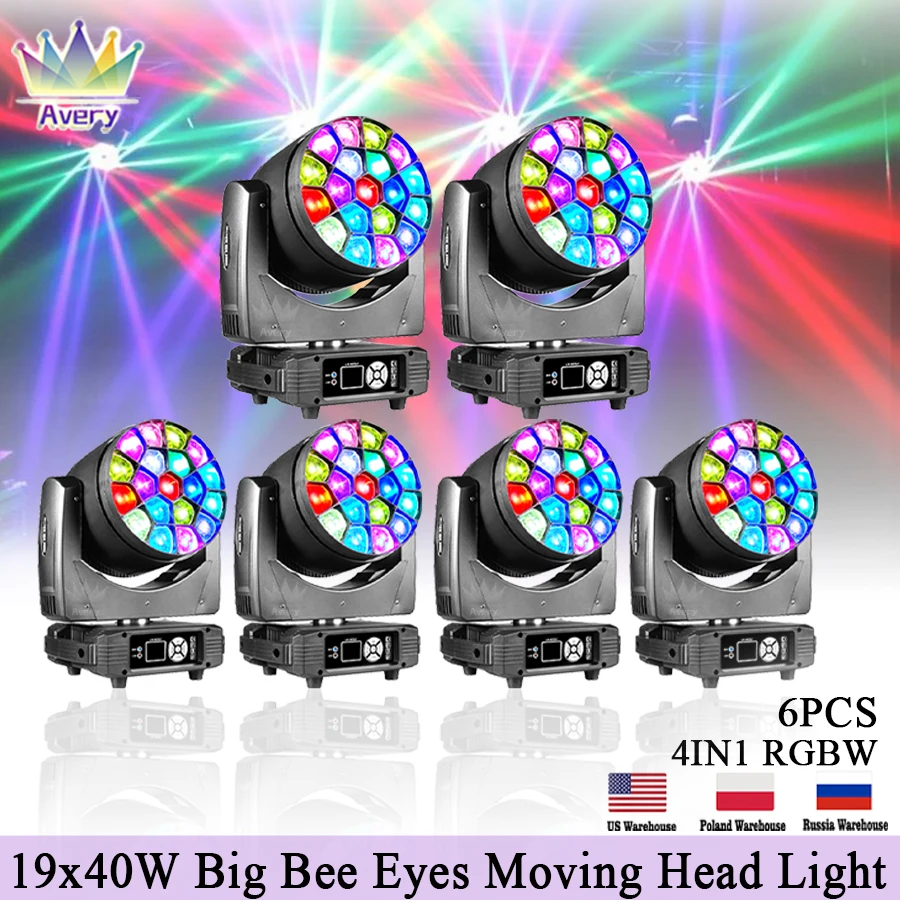 0 Tax 6Pcs LED Beam Wash Big Bees Eyes 19x40W RGBW Zoom Moving Head Lighting With LED Aperture DJ Disco Stage Effect Equipment