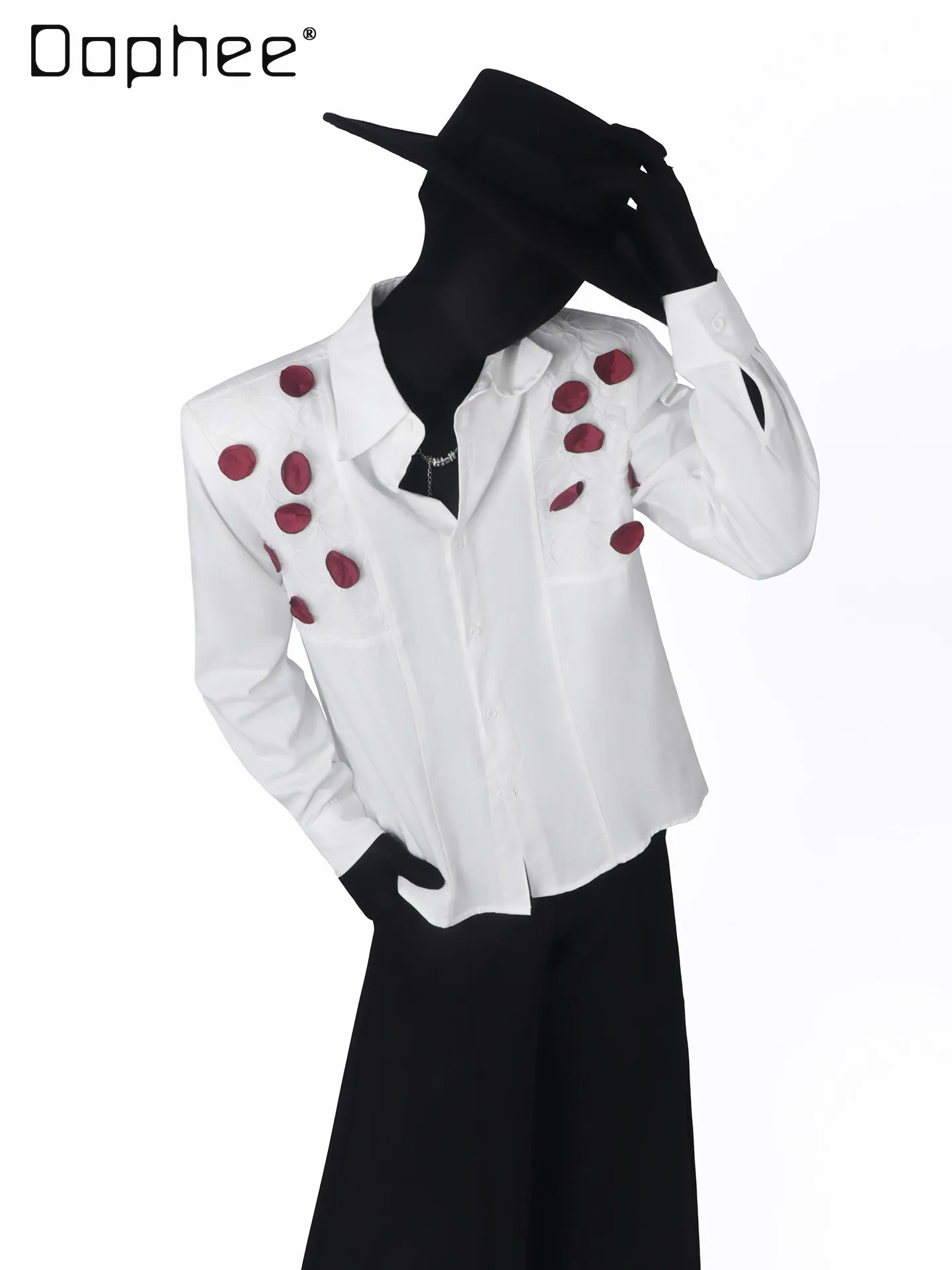 

Korean Style Men's White Black Button-Down Shirt with Floral Rose Petal Embellishment Unique Design for Daily and Party Wear