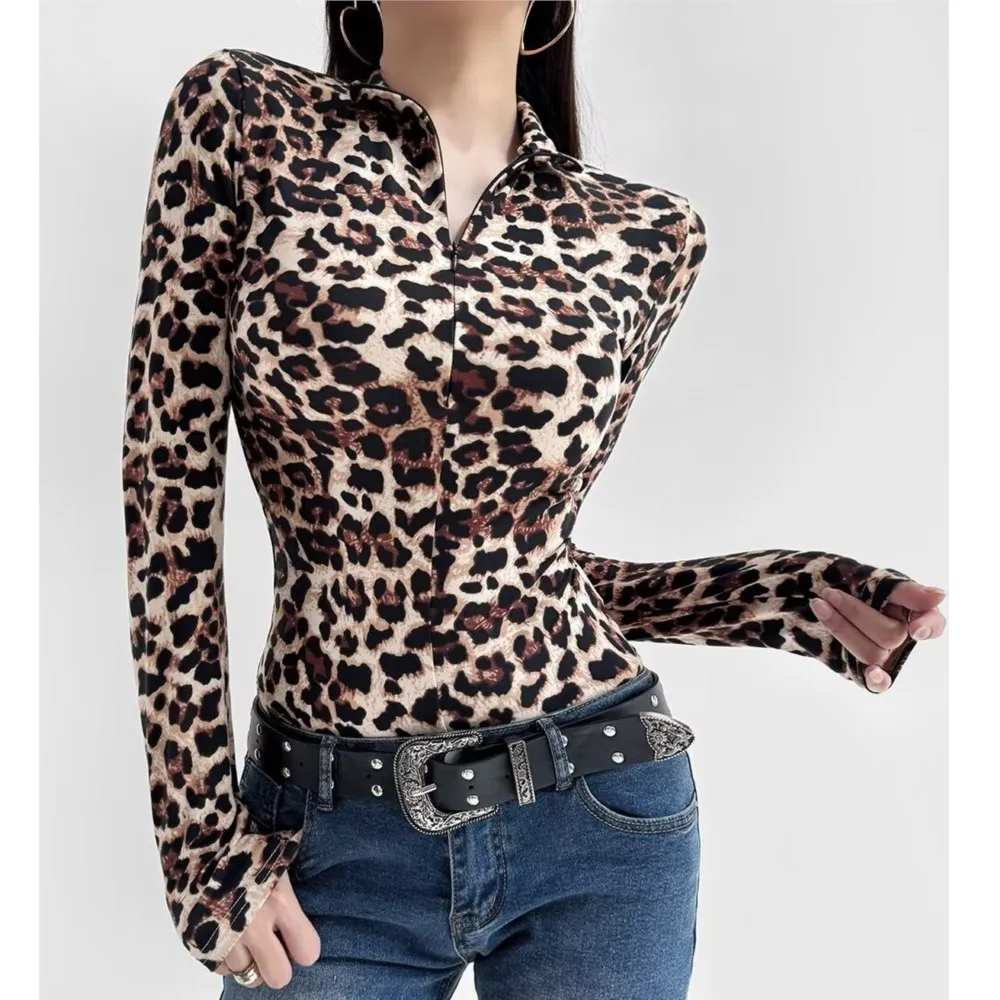 Americano retro aberto zíper gola animal leopardo impressão manga longa bodysuit sexy mulher macacão fino ajuste playsuits