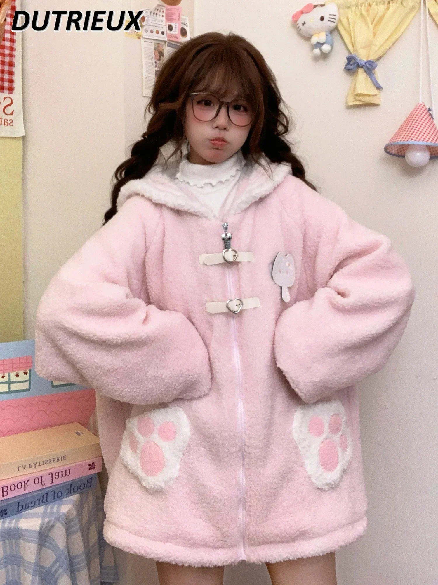 

Cute Navy Collar Lamb Wool Cotton Coat Women's Loose Clothes Winter New Pink Sweet Girls Versatile Zipper Cardigan Jacket