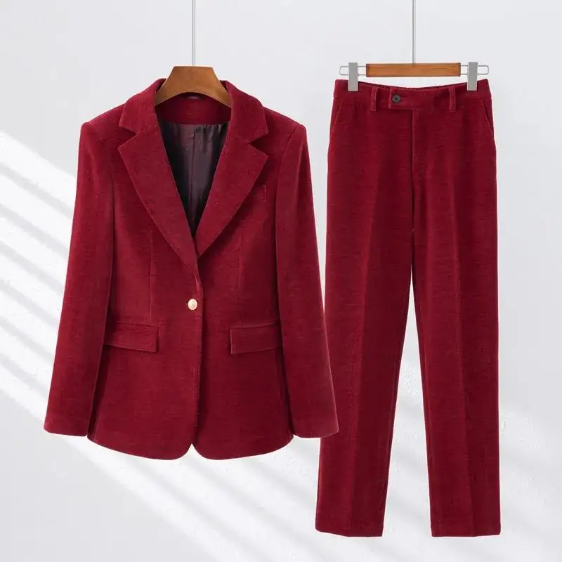 High Quality Fabric Corduroy Formal Women Business Suits OL Styles Professional Pantsuits Office Work Wear Autumn Winter Blazers