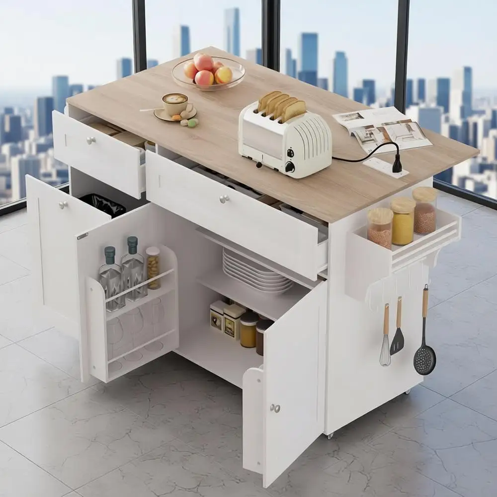 جزيرة مطبخ بعجلات مع أوراق متدلية، مخرج طاقة، تخزين، سلة مهملات، أدراج، رفوف توابل ومنشفة - أبيض