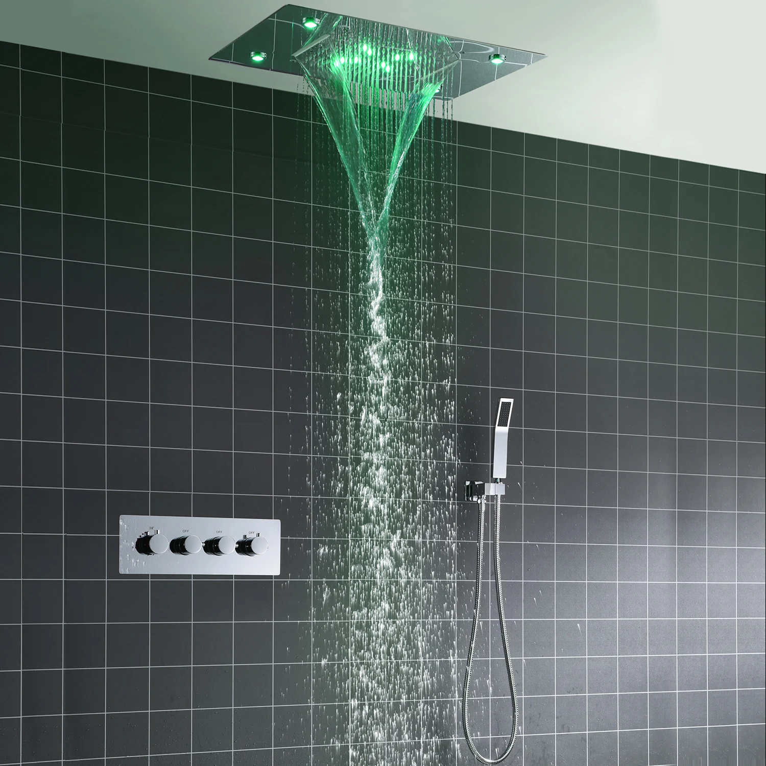 360X500MM Shower Electric LED Bathroom Shower Set Thermostatic 3 Functions Mixer RAIN + WATERFALL