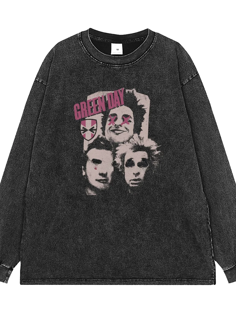 Washed Vintage Grey American Street Rock Shoulder Loose Long Sleeve T-Shirt Green Day Band Style Casual Cotton Tee for Youth