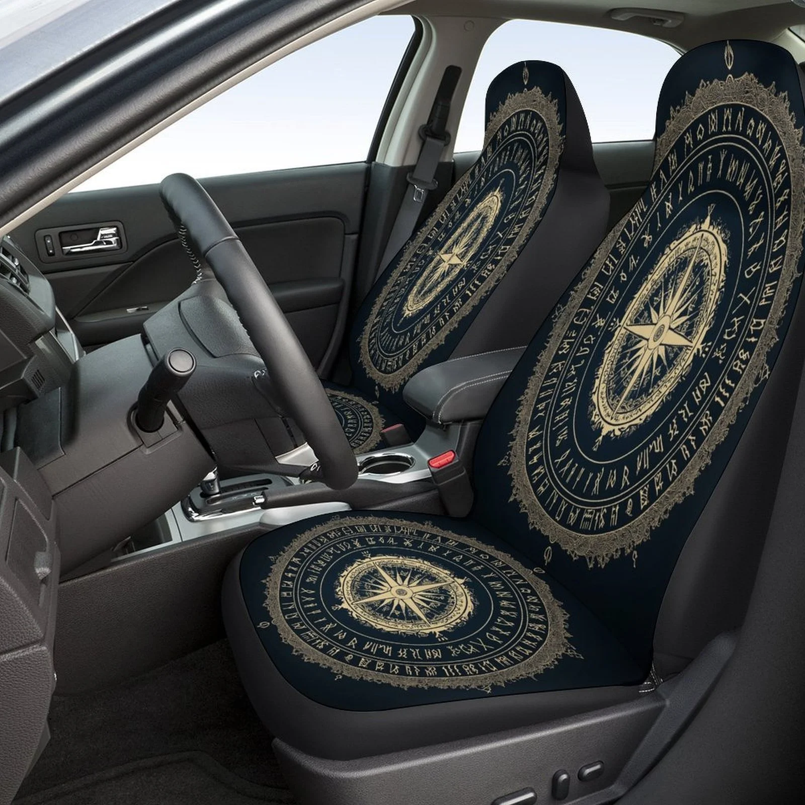 Set Of Car Seat Covers Featuring A Mystical Compass Design, Suitable For A Wide Range Of Vehicles. These Stylish, High-Quality P