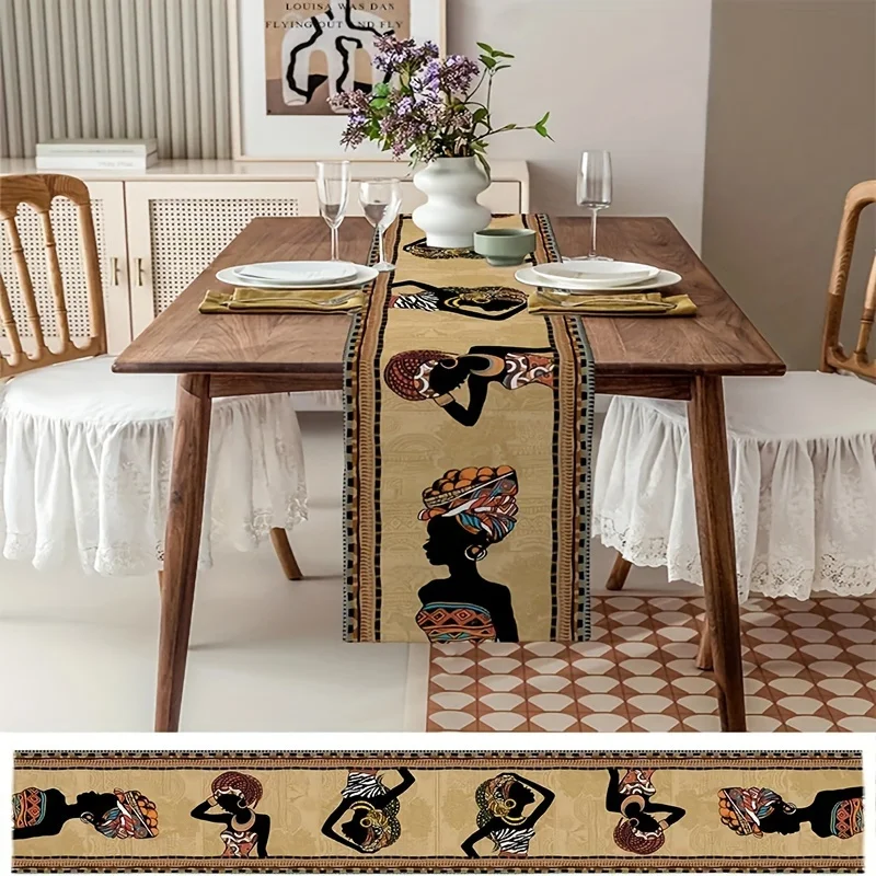 1 Piece Ethin Boho African Woman Table Flag Dressing Table Scarf Table Decoration, 13X 72inch Polyester, Suitable for Farmhouse, Indoor, Kitchen, Anniversary, Table Decoration, Household Items