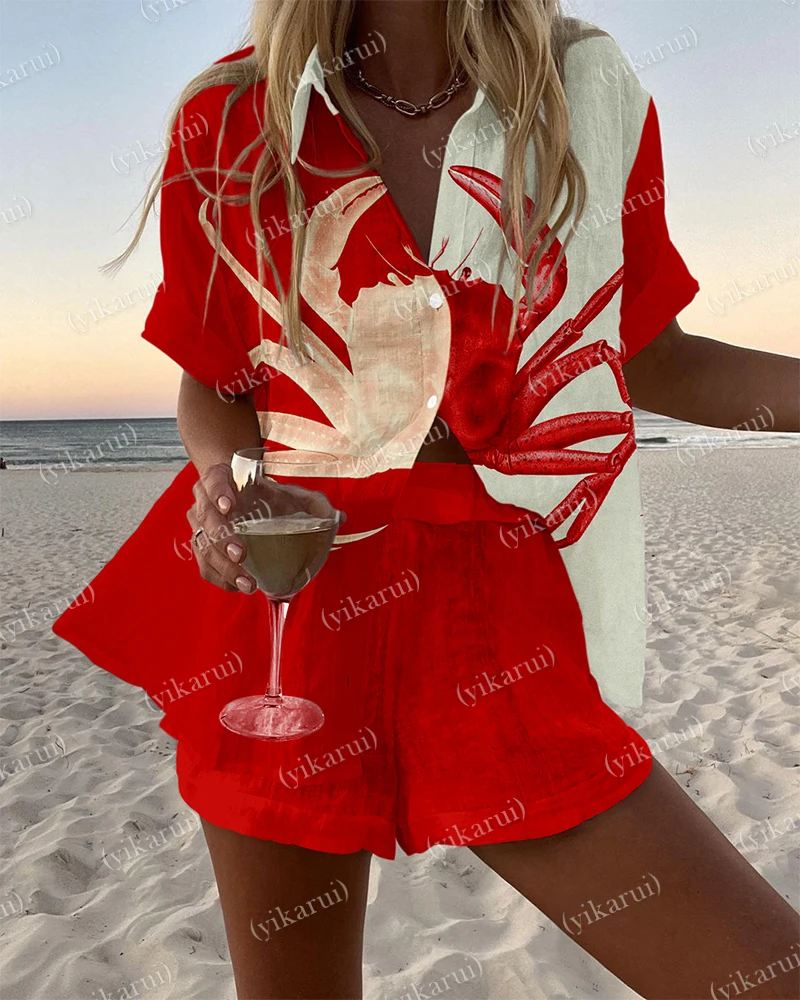 

Holiday Fashion Print Beach 2 Piece Set Women Summer Short Sleeve Shirt Top Wide Legs Shorts Women's Oversize Two Piece Outfit