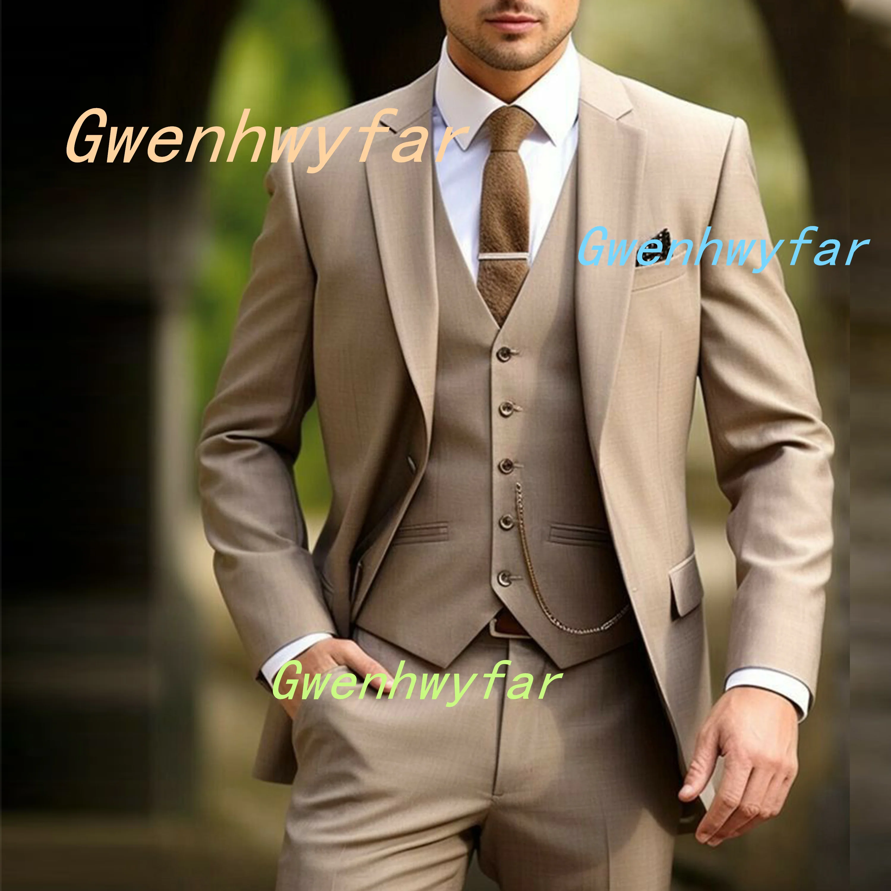 

Gwenhwyfar 2025 Autumn New Men's 3-Piece Set Dark Khaki Office Business Party Coat Pants Vest Set Casual Suit Wedding Men Suits