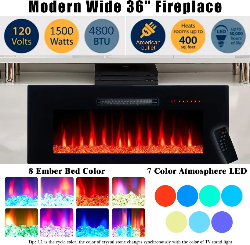 AMERLIFE Fireplace TV Stand Modern Fireplace Entertainment Center LED Lights, 2 Tier TV Console Cabinet
