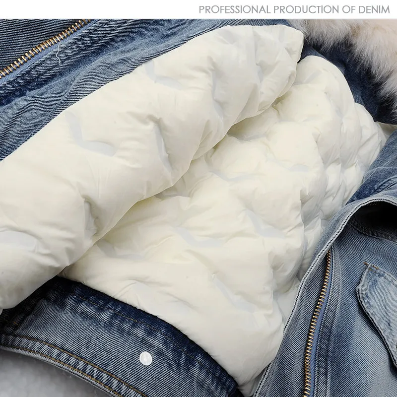Nowa koreańska zimowa kurtka jeansowa damska z kołnierzem z prawdziwego futra lisa, odpinana wkładka puchowa, luźny płaszcz z futrem.