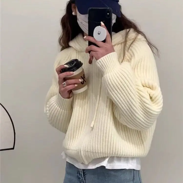 سترة نسائية محبوكة بنمط قصير فضفاضة كاجوال بلون سادة وسحاب معطف علوي