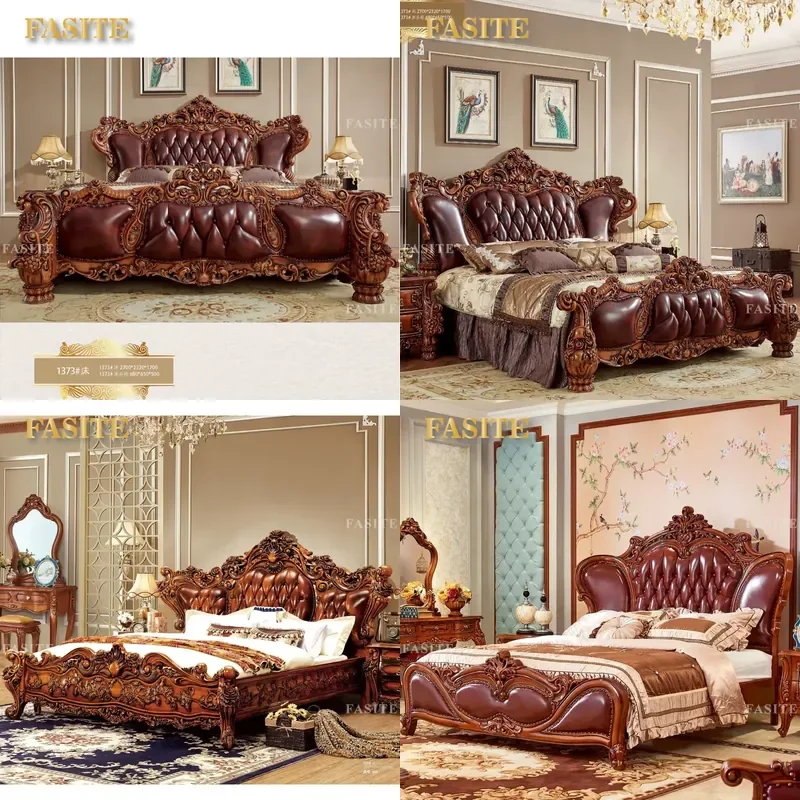 For European Style Bedroom Furniture Classic Antique Red Carved Solid Wood Full Leather Bed Set