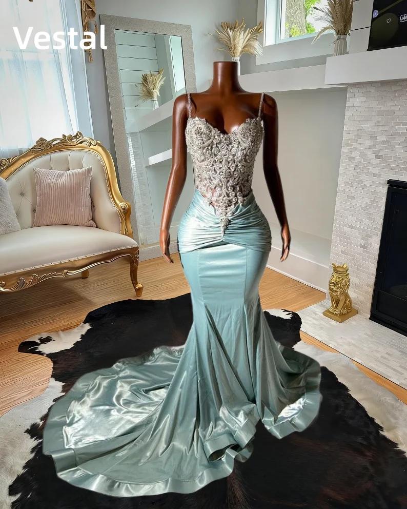 

Sparkly Mint Green Prom Dress Mermaid Evening Gown With Lace Bust Customized