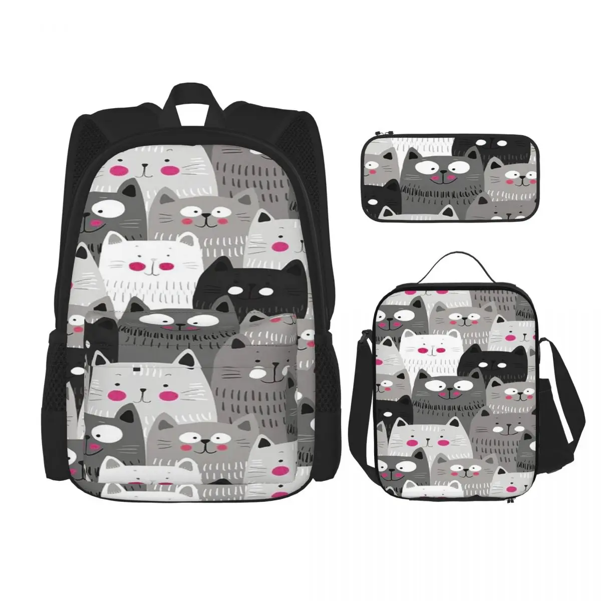 

Cats Backpacks Children Bookbag School Bags Rucksack Lunch Bag Pen Bag Three-Piece Set