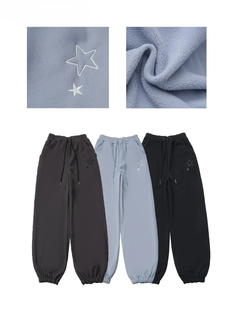 2025 Winter New Sweatpants Embroidered Fleece-Lined Warm Comfortable Cuffed Drawstring Pants Women's Clothing Y2k Cool Trousers