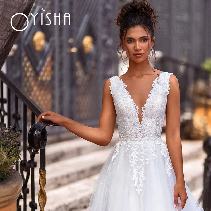 Oyisha Elegant White Wedding Dress Lace For Women 2023 V-Neck Sleeveless Tulle Beach Bridal Gowns Backless Vestidos De Novia