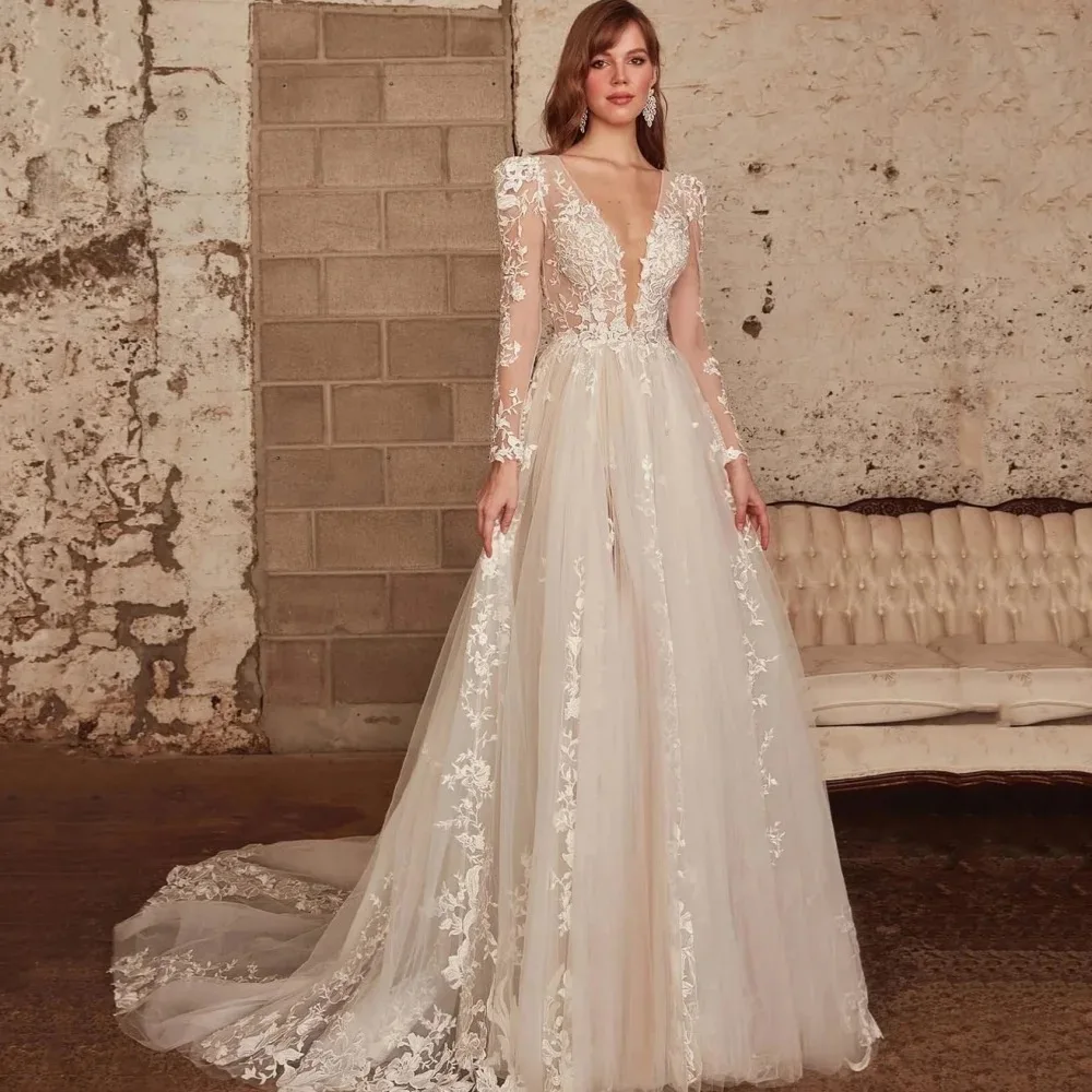 

Exquisite Wedding Dresses Long Sleeve V Neck Bride Dresses A Line Applique Bridal Gowns Customized Elegant Vestidos De Novia