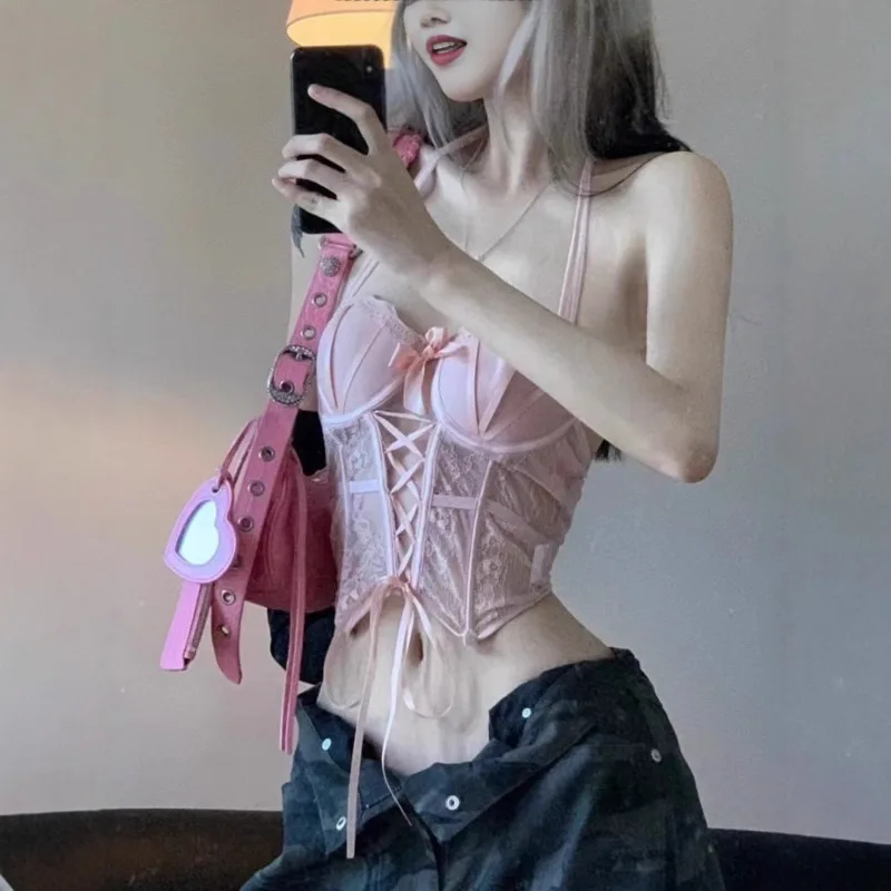 

Sexy Lace Camisole Chest Gathered Inside Vest Women 2025 Hollow Out Straps Pure Desire Fishbone Bra Worn Outside Top Tee New