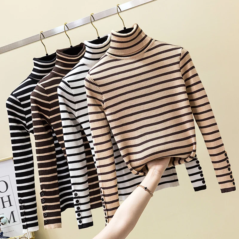 Autumn Winter Striped Turtleneck Sweater Women Long Sleeve Knitted Pullover Slim Black White Beige Coffee Knitwear Button-Trim