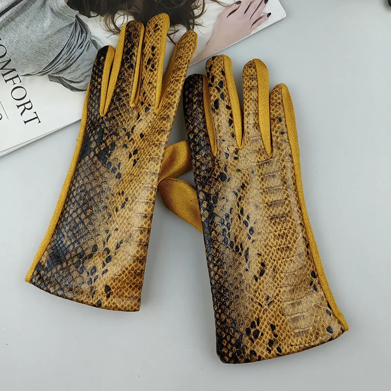 Fashion Snake Pattern Faux Animal Veins Thick Suede Leather Warm Gloves Women Winter Outdoor Velvet Driving Touch Screen Mittens