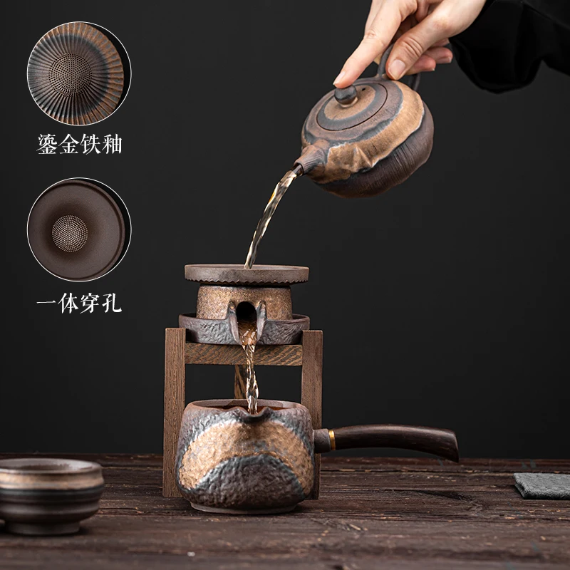 Stone Ground Ceramic Tea Drainer Strainer Set Ebony Side Handle Fairway Cup Rough Pottery Tea Dispenser Tea Separator Strainer