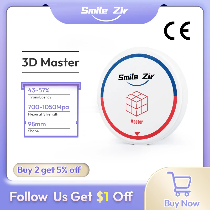

Многослойный циркониевый блок Smile_Zir Dental 3D PRO для зуботехнических лабораторий, CAD/CAM системы, 98 мм, VITA, 16 цветов, материалы для стоматологов