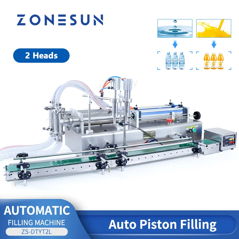 ZONESUN ZS-DTYT2L Pneumatic Liquid Filling Machine 2 Heads Digital Control Beverage Juice Bottle Filler With Conveyor Belt