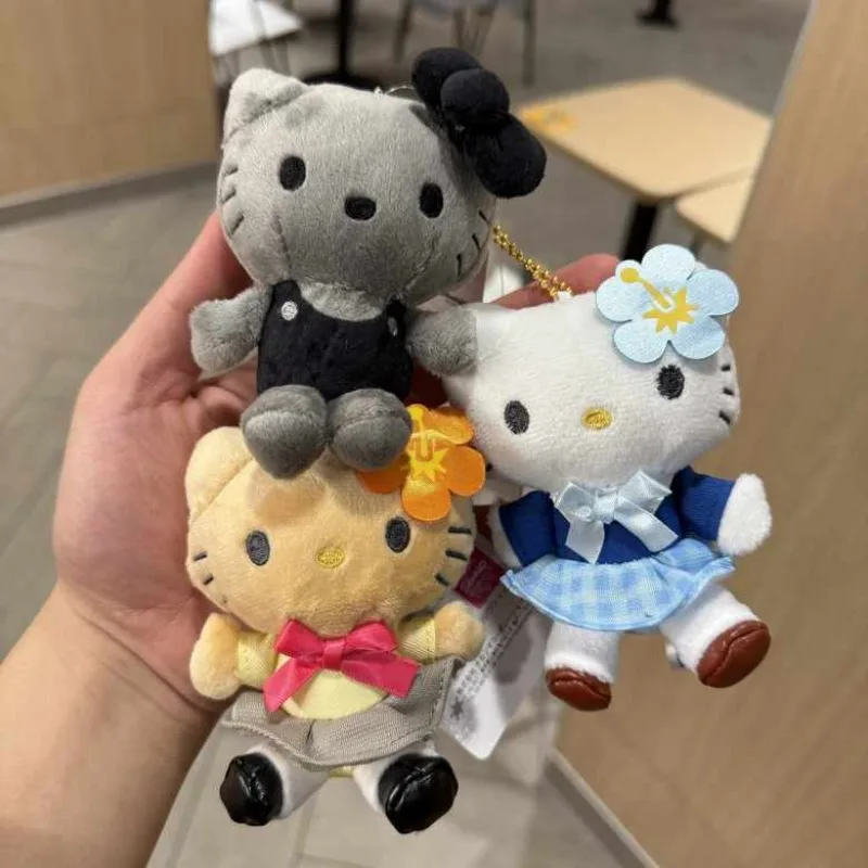 Sanrios 50 주년 Heisei 블랙 가죽 헬로 키티 그레이 오버올 봉제 인형 유니폼 스커트 키 체인 걸스 가방 펜던트 선물