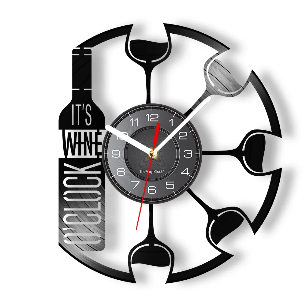 It's Wine O'clock Made of Real Vinyl Record Winery Decor for Kitchen Dinning Room Bar Wine Cup Bottle Silent Quartz Wall Watch