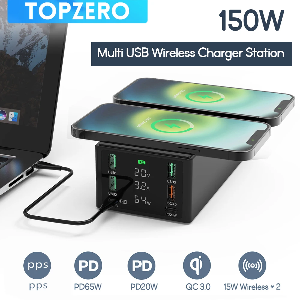 150W USB Charging Station Dual Wireless Charger Type C QC3.0 PD 65W Fast Charger USB Phone Charger For iPhone 13 X Xiaomi Laptop