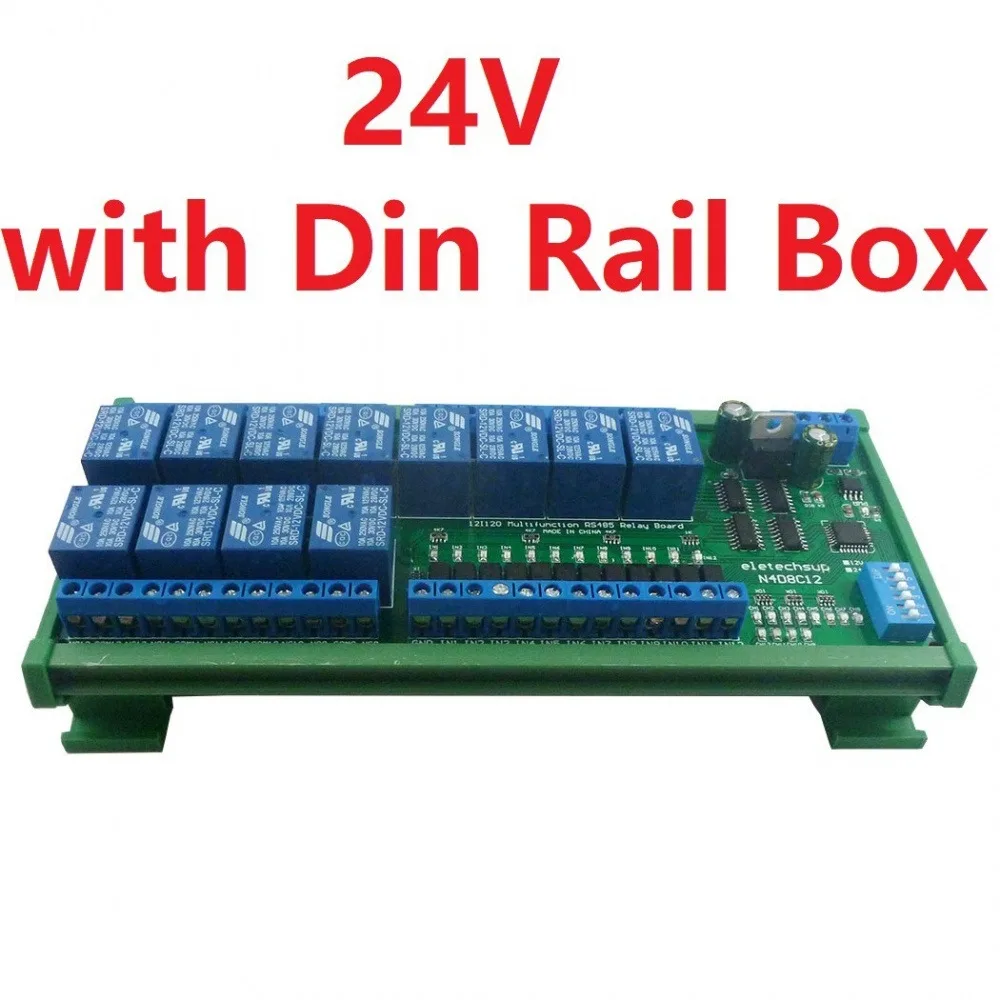 12 Channel DC12/24V NPN Digital Input Output UART RS485 Relay Module Modbus RTU DIN35 Rail Box Board for Machine Control PLC PTZ