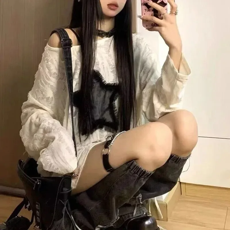 Y2K trou étoile imprimé T-Shirt femmes mode Streetwear épaules nues hauts été surdimensionné Kpop à manches longues t-shirts amples dames nouveau