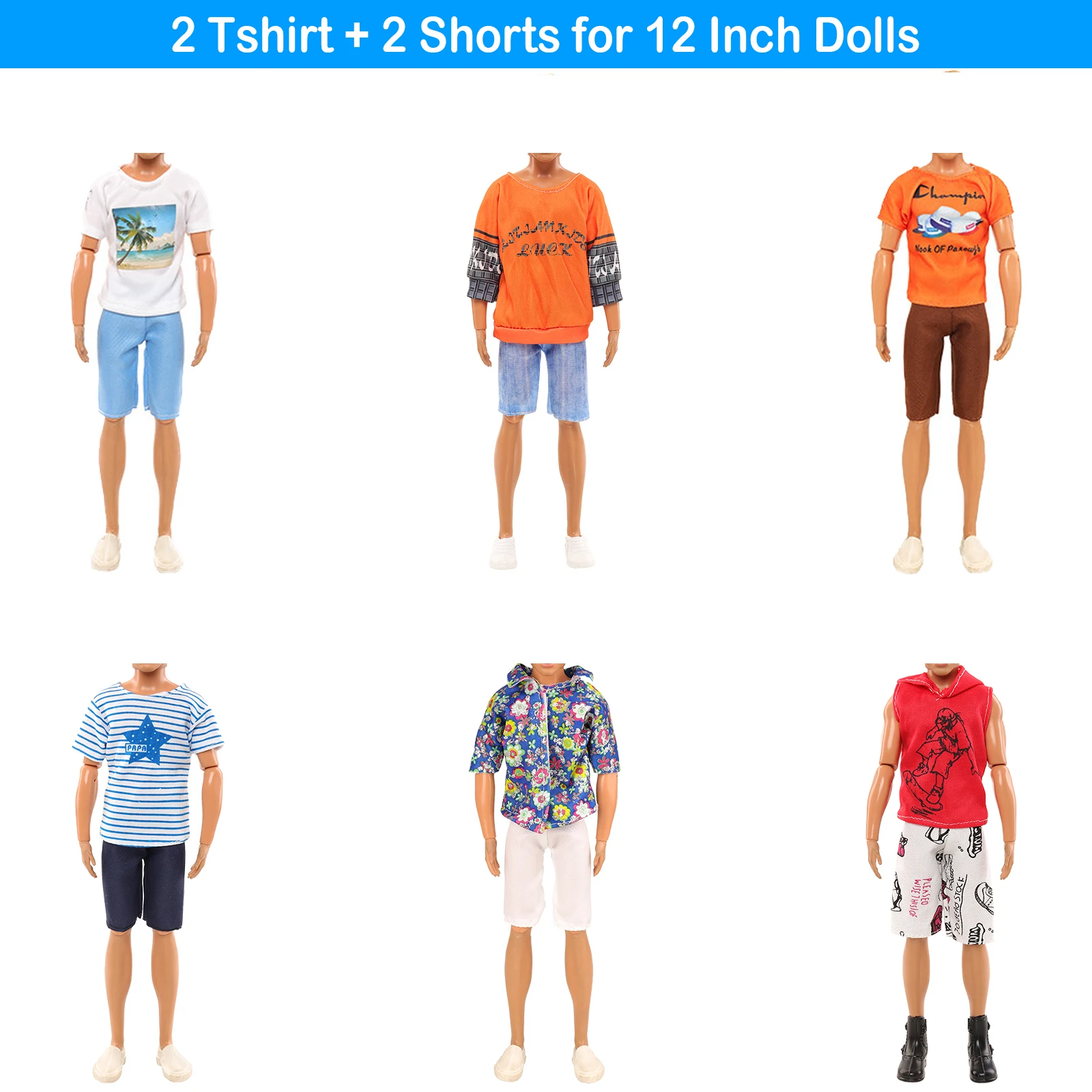 16 ltems Ken Doll Accessories=1 Jacket Suit+4 Top Shorts+1 Beach Pants+4 Pairs Of Shoes+1 Sunglasses+1  Glasses+1 Headset+2 Pets