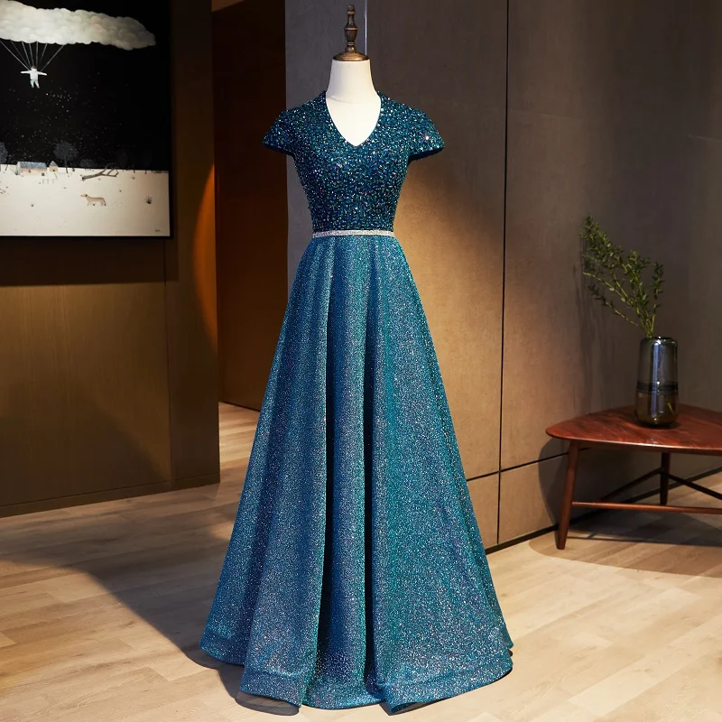 

2025 Elegant Hunter Evening Dresses V-Neck Short Sleeves Lace-up Back Party Dresses Major Beading Sequins Wedding Party Dress