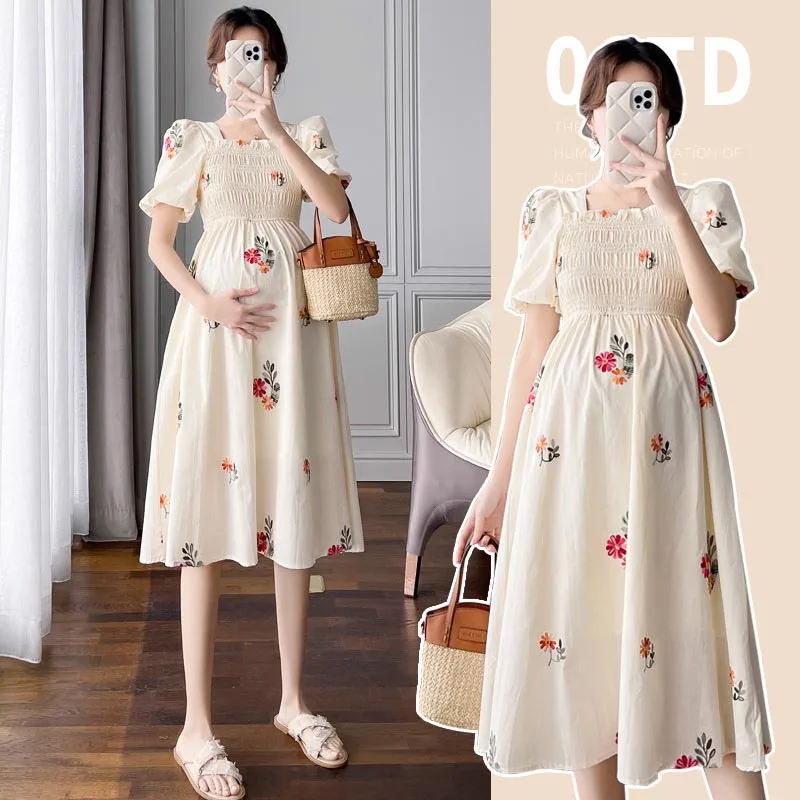 2024 Letnia sukienka ciążowa ze stójką Cheongsam Cute Puff Sleeve Print Sukienki ciążowe Moda Odzież dla kobiet w ciąży