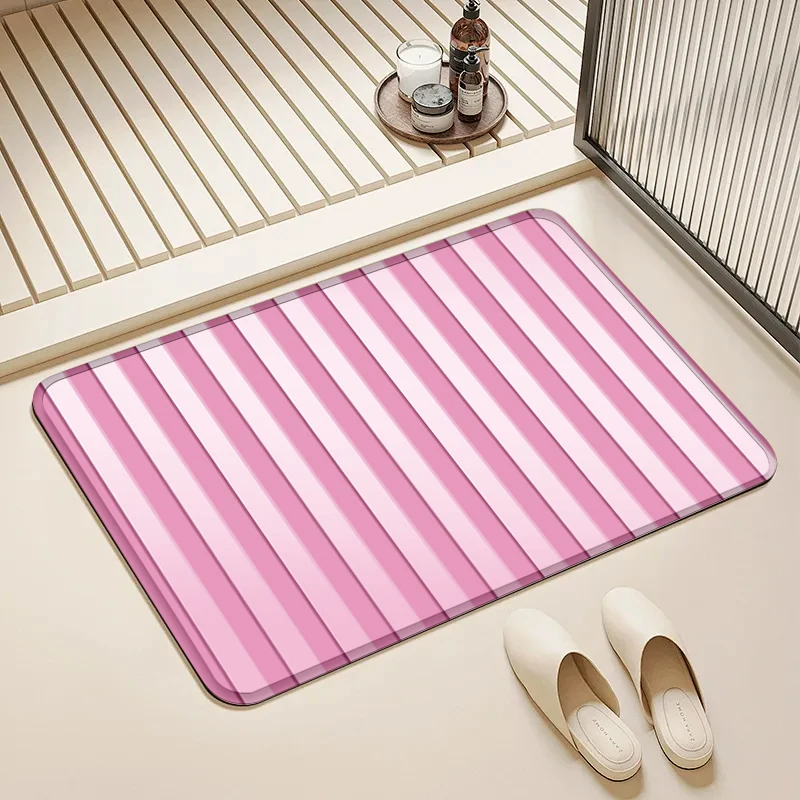 

Bright Pink Striped Flannel Doormat Non-Slip Absorbent Soft Floor Mat for Entryway Bathroom Kitchen Home Decor