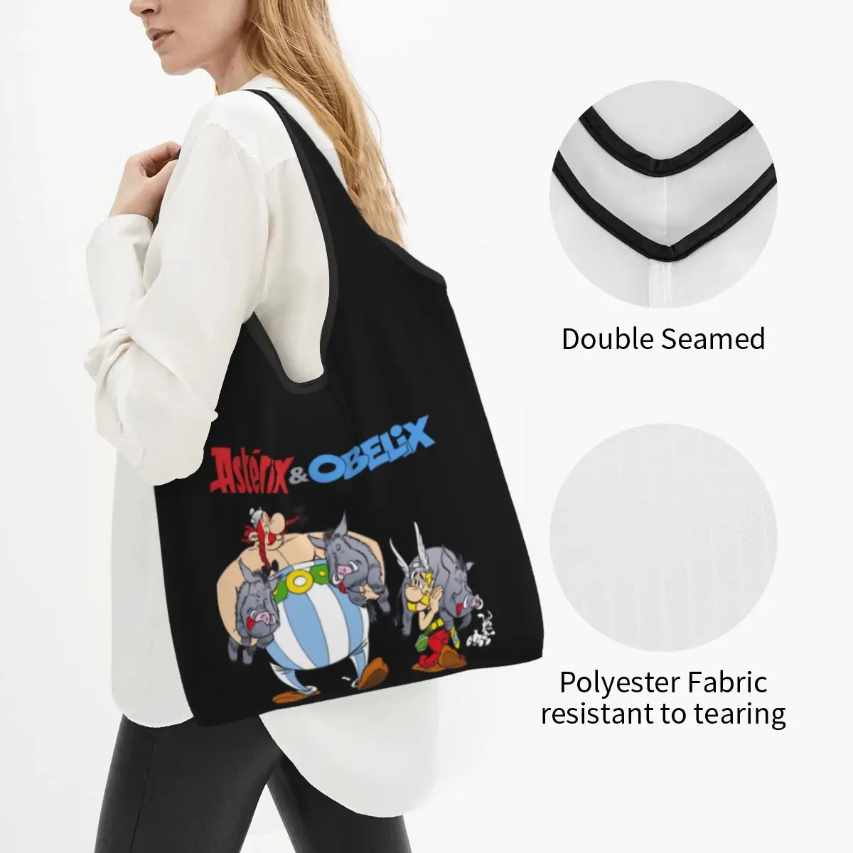 Funny Printed Asterix And Obelix Hunting Shopping Tote Bag Portable Shoulder Shopper Funny Anime Cartoon Handbag