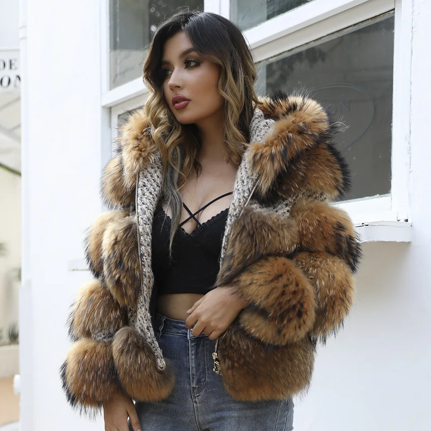 JANEFUR Women's Fur Coat Natural Raccoon Fur Woolen Jackets Hooded Fur Coat Fashion Luxury Warm Tweed Coats JFB2-22002 view 3