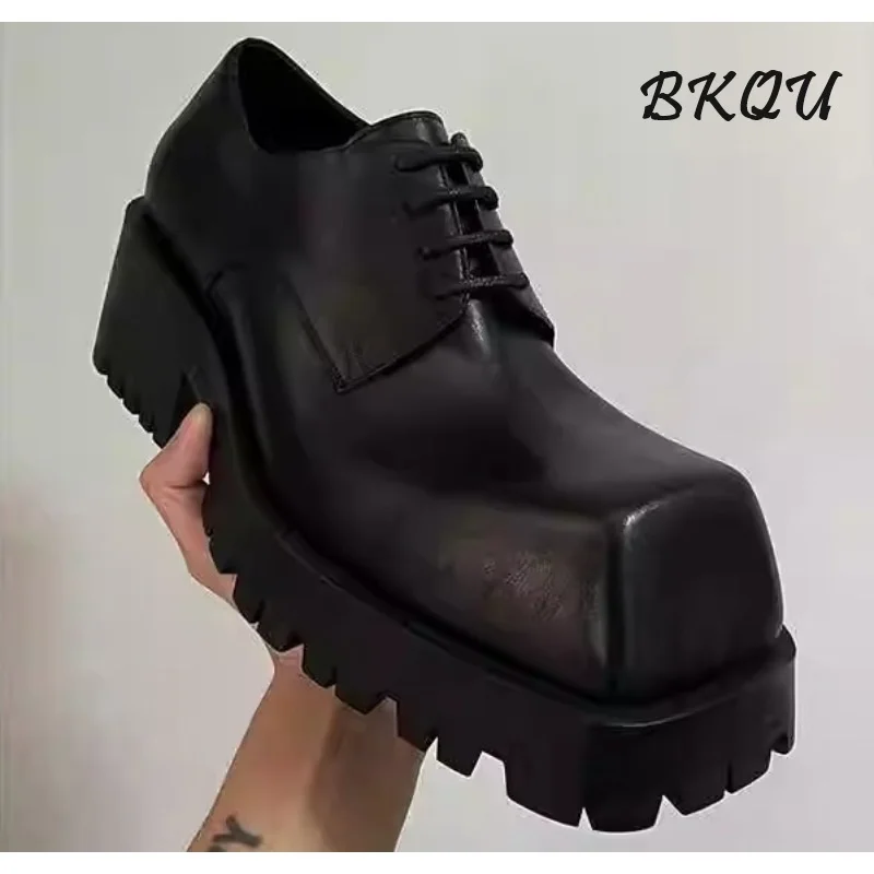 

BKQU Square Head Derby Shoes Men and Women with The Same 2025 New Design Sense of The British Wind Thick Sole Everything