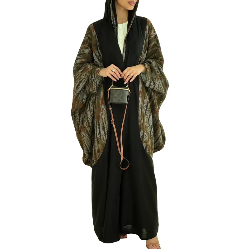 

Новинка 2025, мусульманский женский модный халат Caften, скромный комплект из двух предметов, открытая Абая с хиджабом, рукав «летучая мышь», комплект платков Kaften