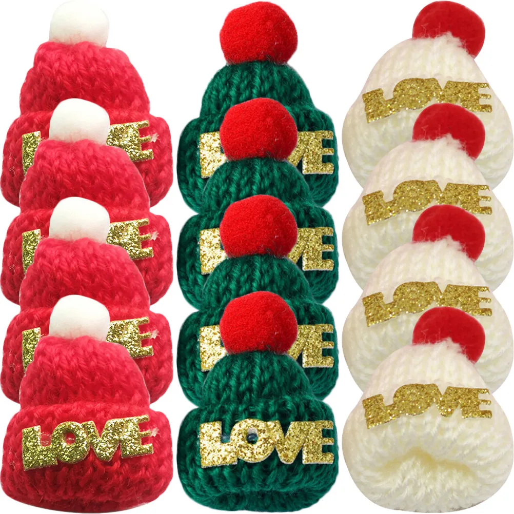 

36Pcs Knitting Christmas Mini Hats Soft Wool Yarn Mini Hats for Wine Bottle Decoration Xmas Tree DIY Craft Accessories