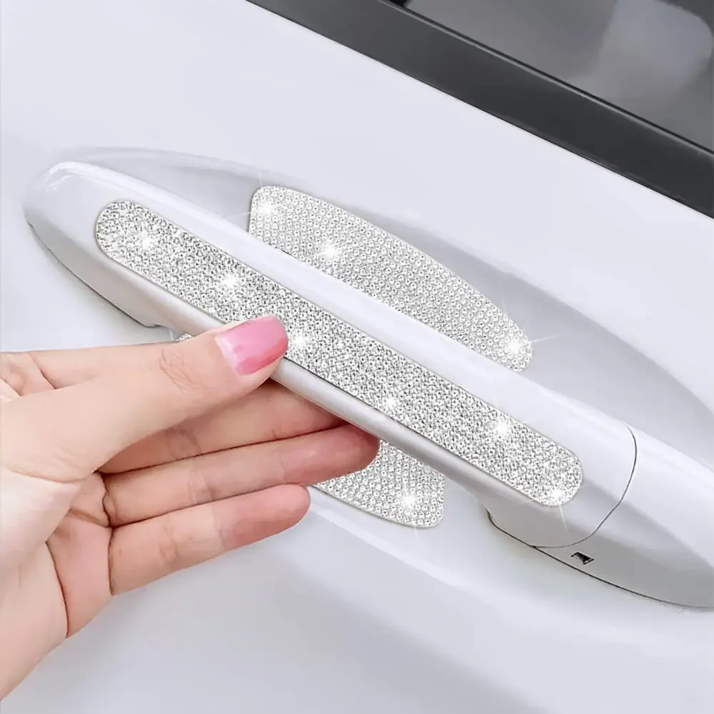 8Pcs Rhinestone Car Door Bowl Anti-scratch Reflective Stickers Door Bowl Handle Protection Sticker Anti-scratch Protection Strip