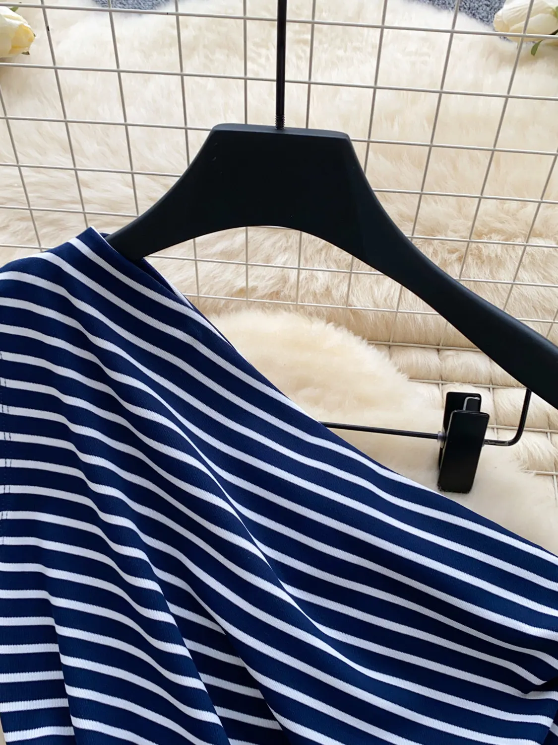 Women Dark Blue Striped Short Sleeve T-Shirt One Shoulder Off Shoulder T-shirt Slim Fashion Casual Tee Top for Women Summer 2026