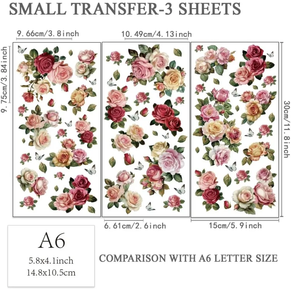3pcs/Set Flower Rub on Transfers for Furniture and Crafts 6x12 Inch Colorful Roses Decals Small Florals Transfer Stickers view 2