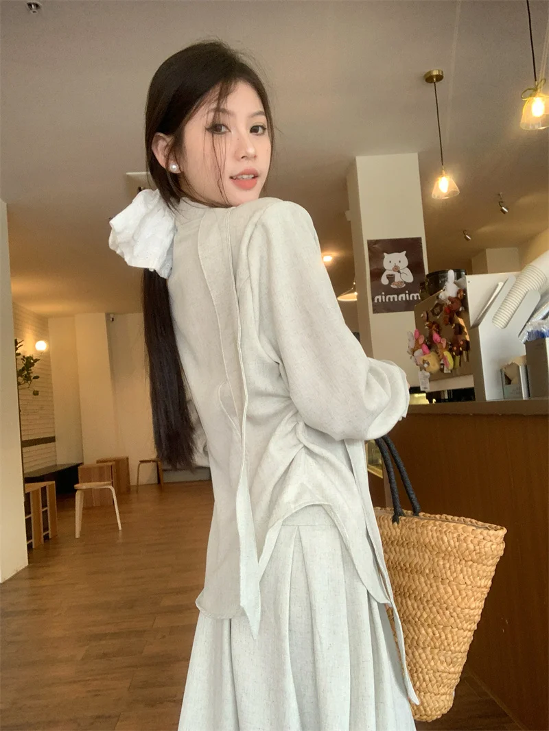 Saia de escritório feminina terno dinheiro velho y2k estética com decote em v chique assimétrico cinza camisa de manga longa cintura alta magro saia evasê