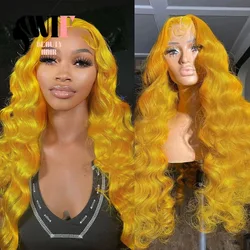 WIF Yellow Wig Hair Long Wave Lace Wig Fashion Yellow Heat Resistant Body Wave Synthetic Lace Front Wigs for Women Cosplay Use