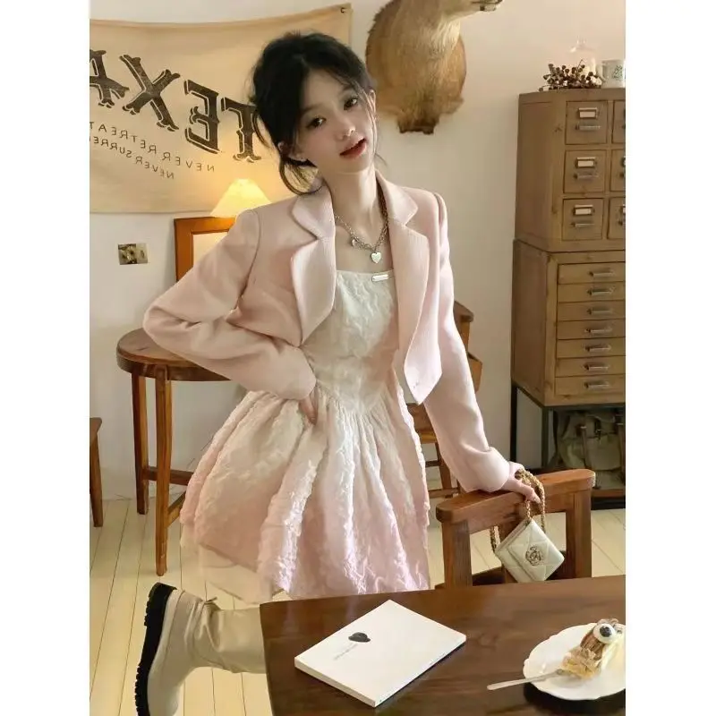 Pink Kawaii Sweet Party Mini Dress Women Bow Korean Style Elegant Strap Dress Female France Vintage Fairy Dress Autumn 2023 New