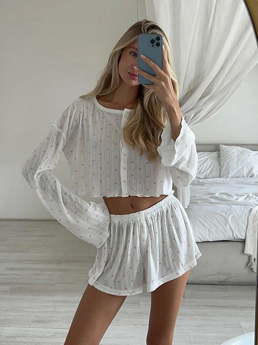 Marthaqiqi Printing Female Nightgowns 2 Piece Suit Long Sleeve Pajamas O-Neck Sleepwear Crop Top Nightwear Shorts Home Clothes