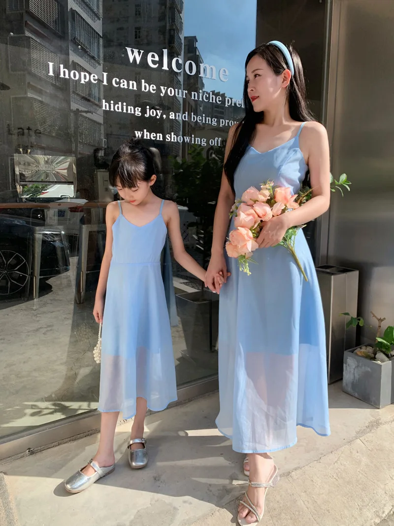 Mother Daughter Matching Dresses Summer Blue Gown Backless Slip Dress for Birthday Party Wedding Beach Family Matching Clothes